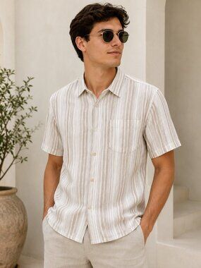 Pulse Mens Medium Striped Short Sleeve Button Up Shirt Beige Brown